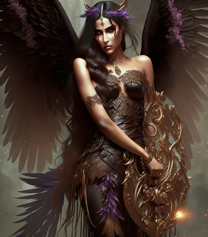 Fantasy female warrior with dark angel wings and golden shield