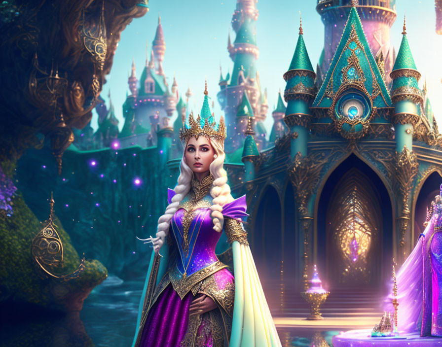 Fantasy queen in ornate crown and vibrant robes at enchanting castle