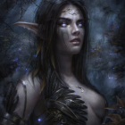 Dark-skinned elf in silver armor with gray hair on starry night.