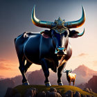 Ornately adorned bull on rocky outcrop at sunset