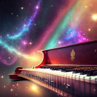 Grand Piano with Cosmic Nebulae and Stars on Crescent Moon Background