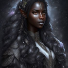 Dark-skinned fantasy woman in armor with feathered headpiece.