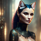 Colorful Anthropomorphic Cat in Ancient Egyptian Attire Against Golden Architecture