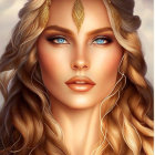 Woman with glowing blue eyes and gold jewelry in fantasy portrait