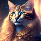 Majestic cat with golden jewelry in cosmic setting