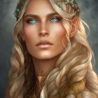 Digital portrait of an elf with golden jewelry, braided blonde hair, pointed ears, and blue eyes