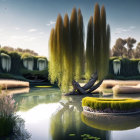 Tranquil digital landscape with willow trees, calm waters, lush greenery, and flying birds