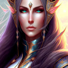 Fantasy digital artwork of female character with blue eyes and purple hair