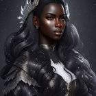 Fantasy warrior digital artwork with green eyes, purple hair, silver armor, and jeweled headpiece