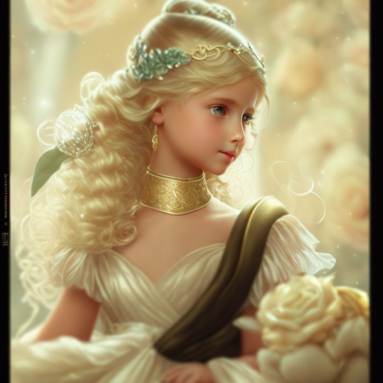 Illustration of young girl in white gown with tiara and roses
