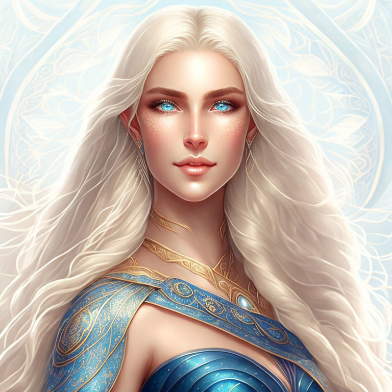 Detailed illustration of woman with long white hair, blue eyes, freckles, ornate blue and