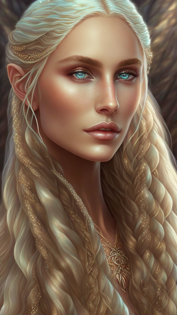 Digital portrait of woman with long, braided blonde hair and striking blue eyes.