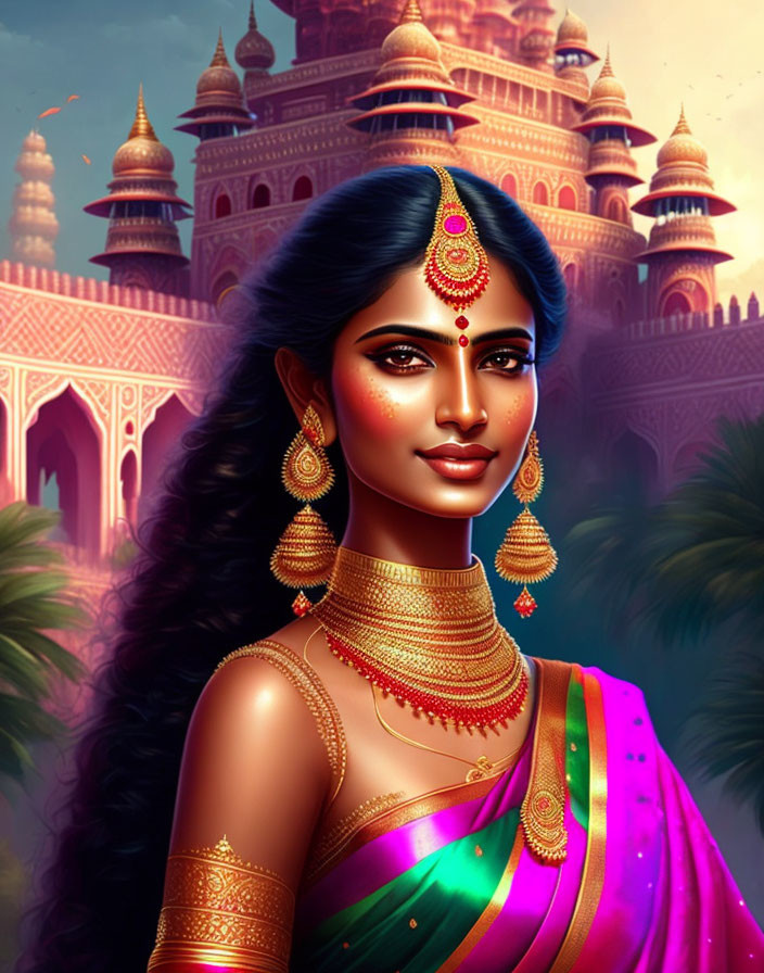 Digital art portrait of woman in traditional Indian attire with palace backdrop