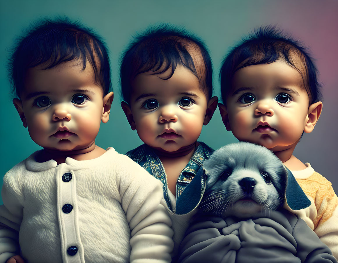 Three Babies and Plush Bunny Toy on Gradient Background