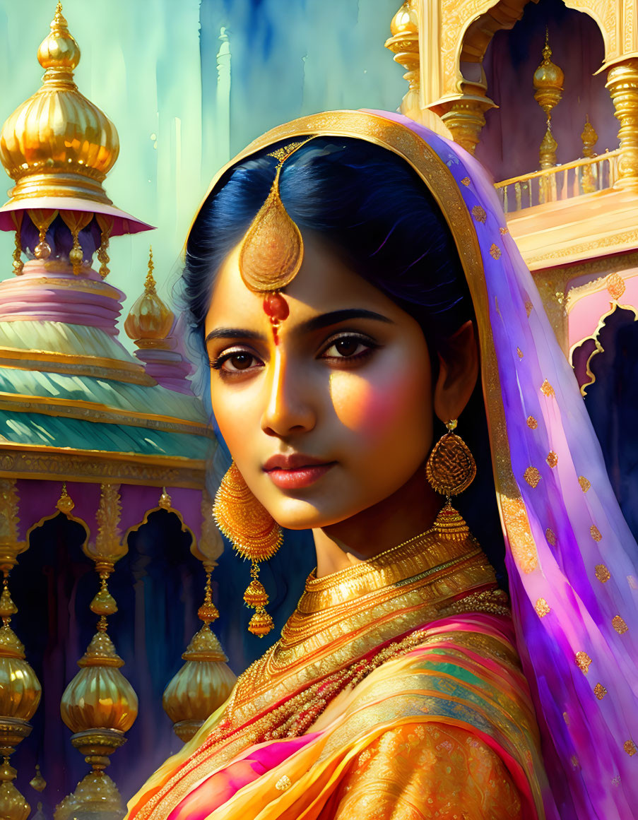 Digital artwork: Indian woman in traditional attire with golden temple backdrop