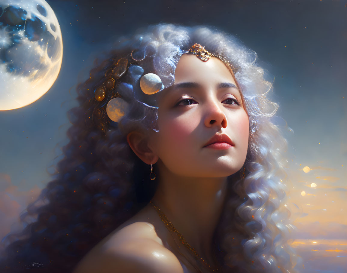 Curly-haired woman with celestial jewelry under moonlit sky