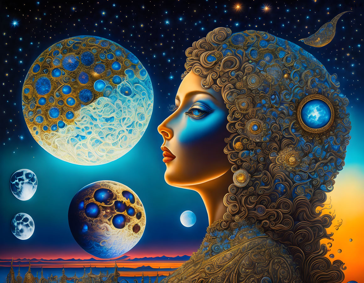 Surreal portrait of woman with celestial hair in cosmic scene