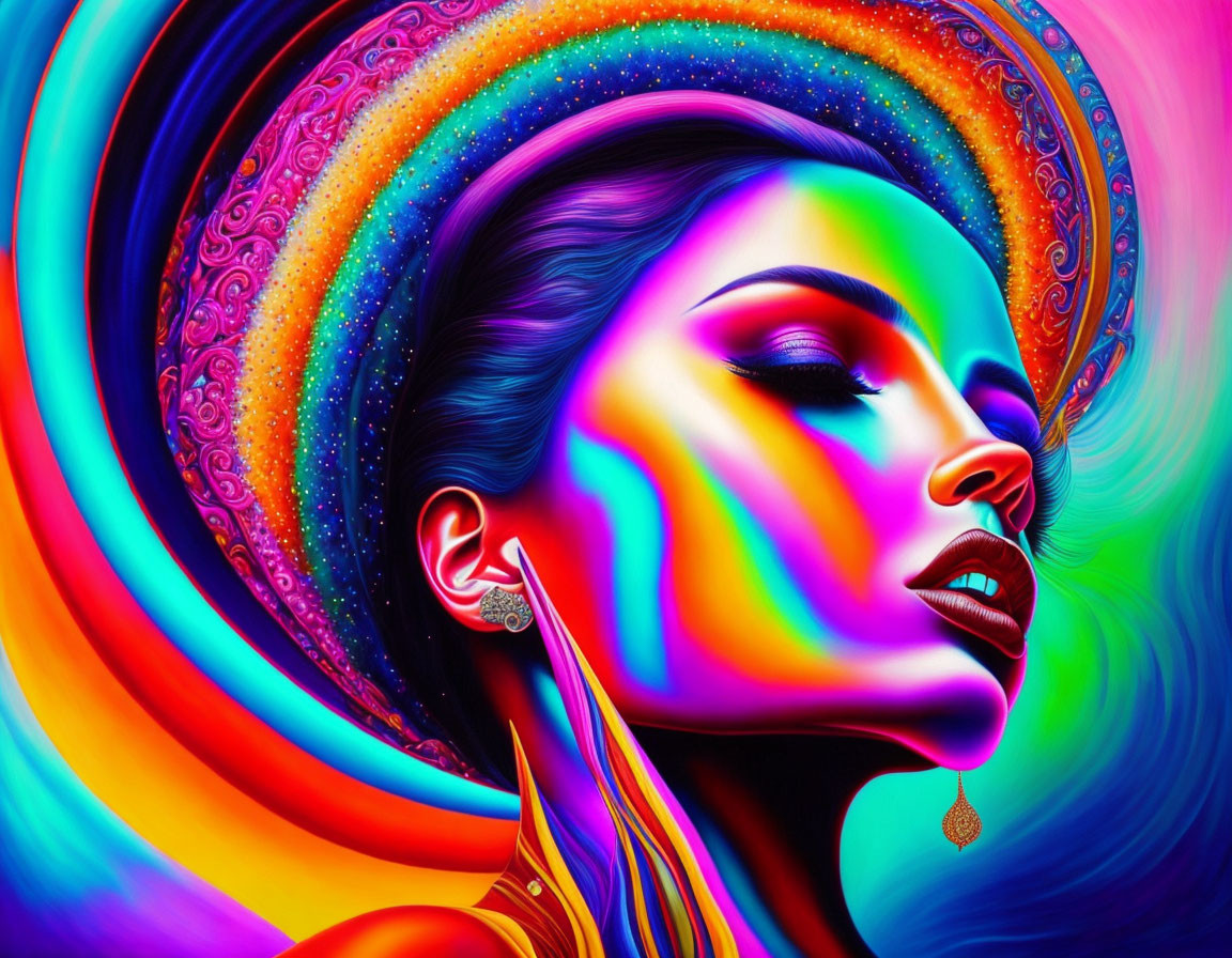 Colorful digital artwork: Woman's profile in rainbow swirls