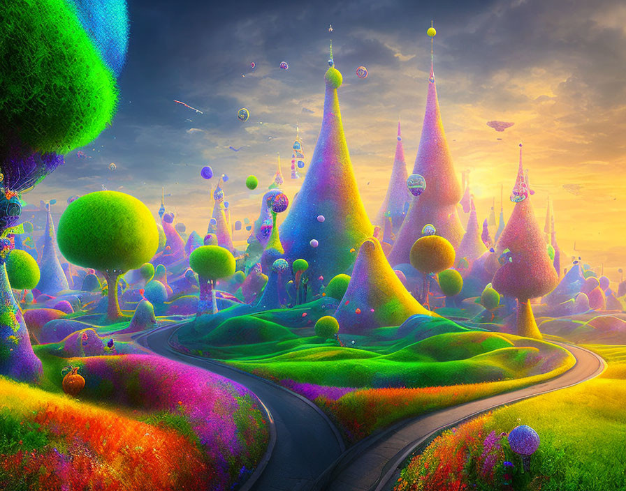 Colorful Fantasy Landscape with Fuzzy Trees and Winding Road