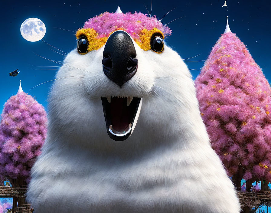 Whimsical white creature in pink tree forest under night sky