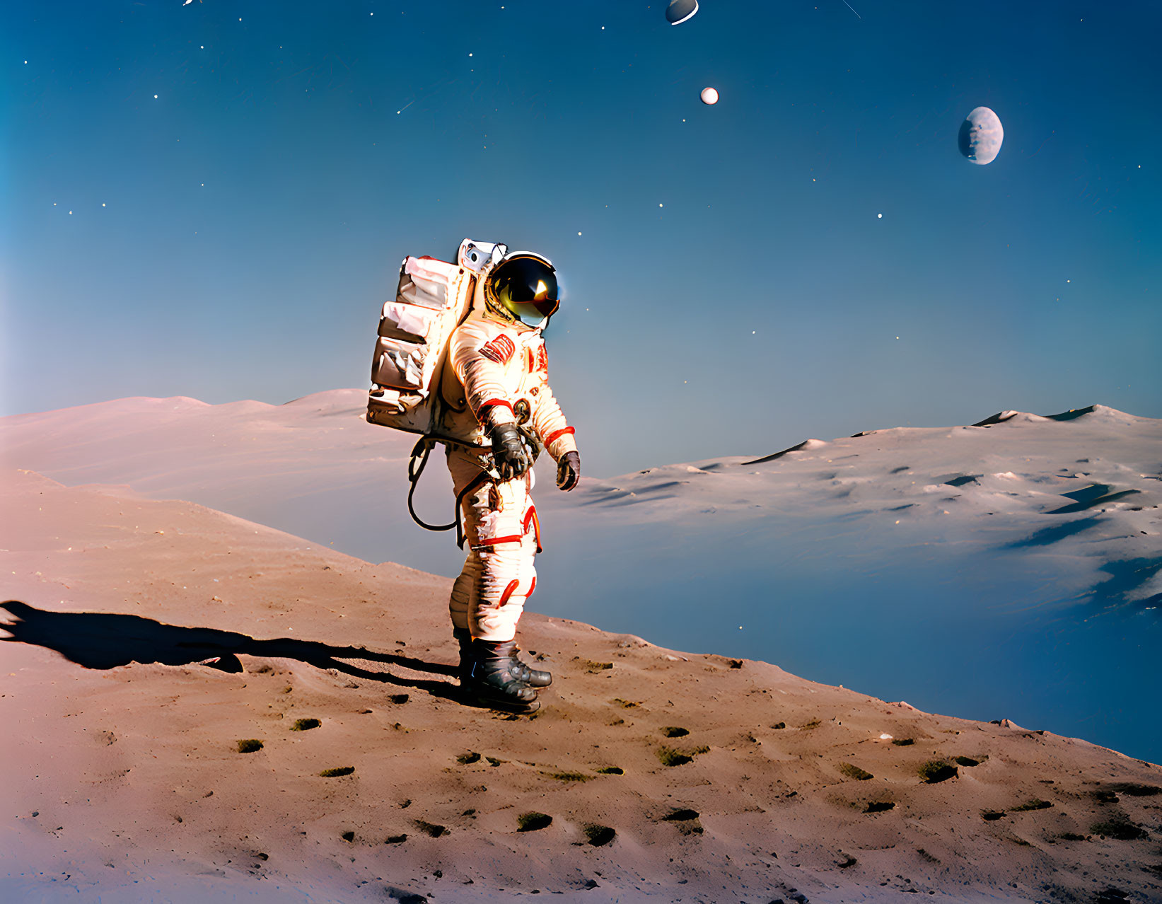 Astronaut in white spacesuit explores barren hilly landscape