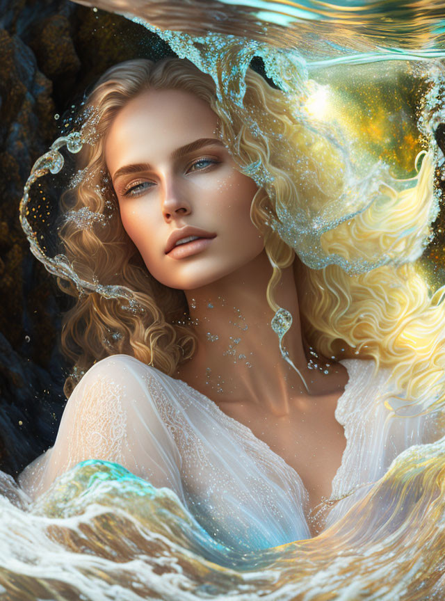Fantasy woman portrait with water swirls and golden light.