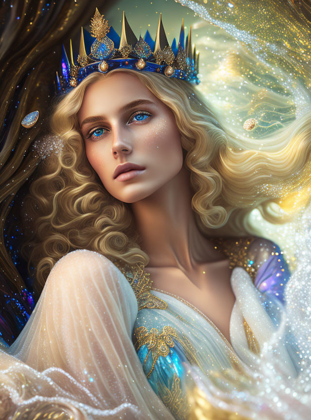 Fairytale queen portrait with golden hair, jeweled crown, shimmering gown