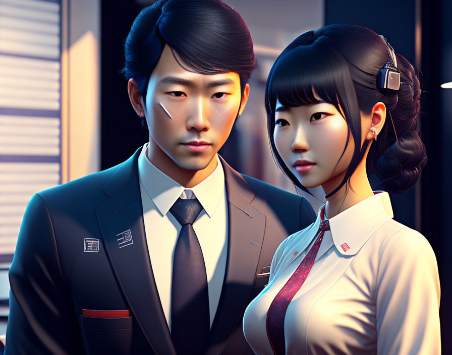 Illustrated Asian couple in professional attire with office background