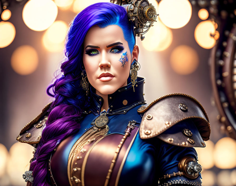 Stylized portrait of a woman with blue hair and futuristic armor