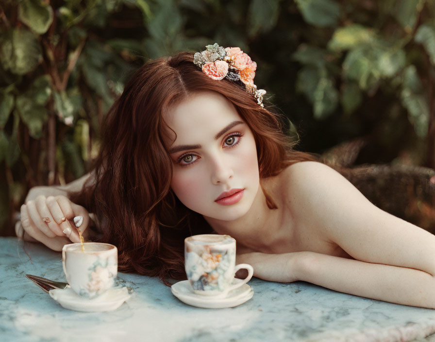 Woman in floral headband posing with tea cup on table