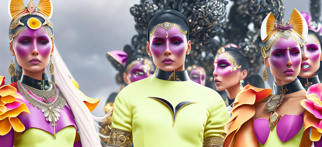 Five women in elaborate makeup and fantasy Asian attire under cloudy sky