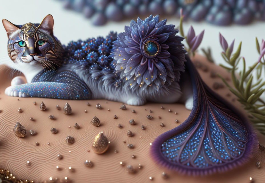 Fantastical cat with peacock-like tail and jeweled headpiece in dreamy setting