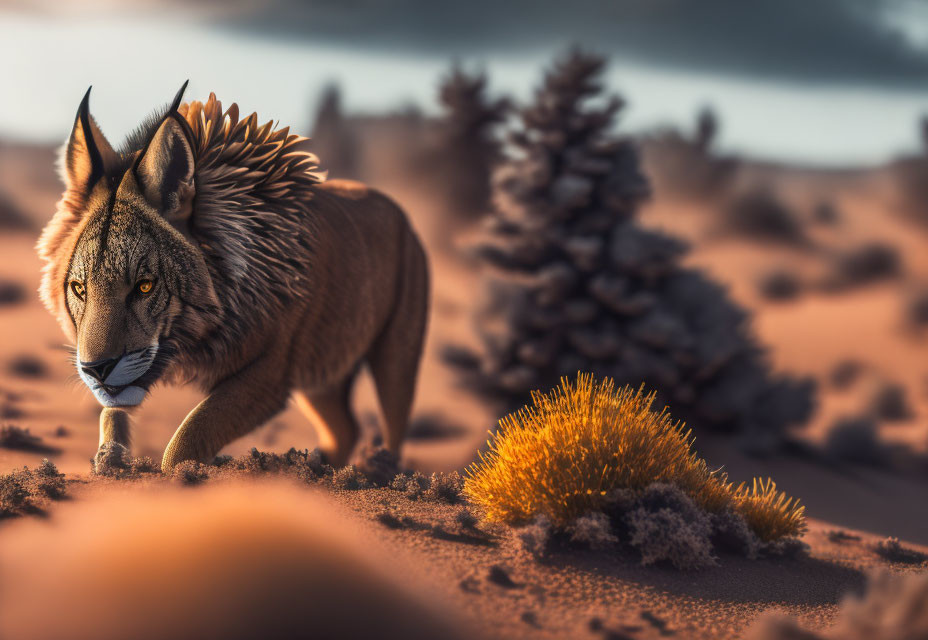 Fantasy lion creature with leaf mane in desert sunset landscape