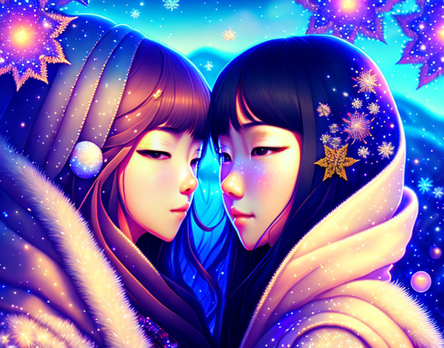 Animated characters in warm attire under starry sky