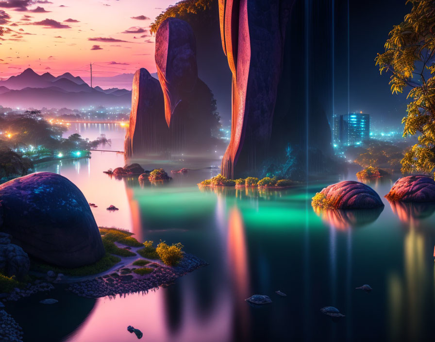 Surreal landscape at dusk with towering rock formations and glowing vegetation