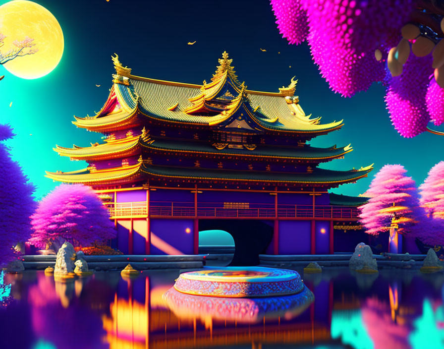 Traditional Asian Temple with Golden Roofs by Calm Pond and Yellow Moon