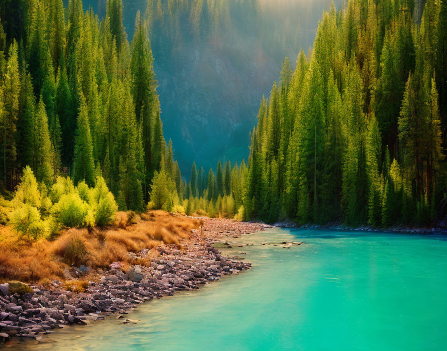 Tranquil turquoise river in dense pine forest with autumn hues