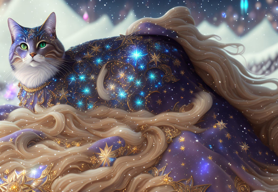 Mystical cat with starry night sky fur coat and celestial motifs
