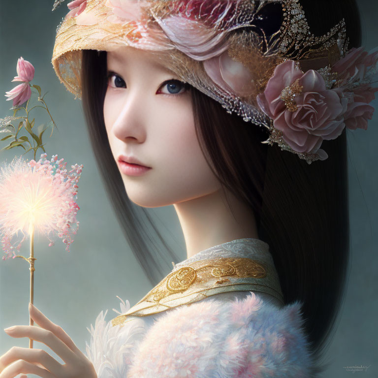 Digital artwork: Woman with long black hair, decorative hat, holding radiant flower light
