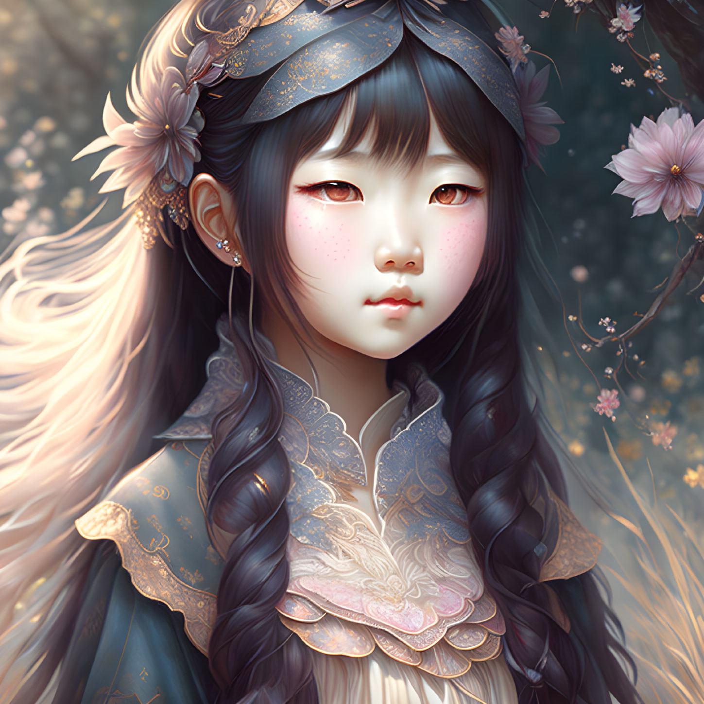 Detailed illustration of girl with expressive eyes and decorative headpiece amidst delicate flowers.
