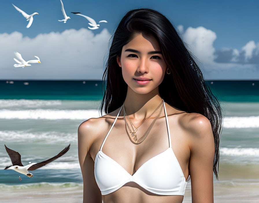Woman in White Bikini on Sunny Beach with Blue Waters and Seagulls