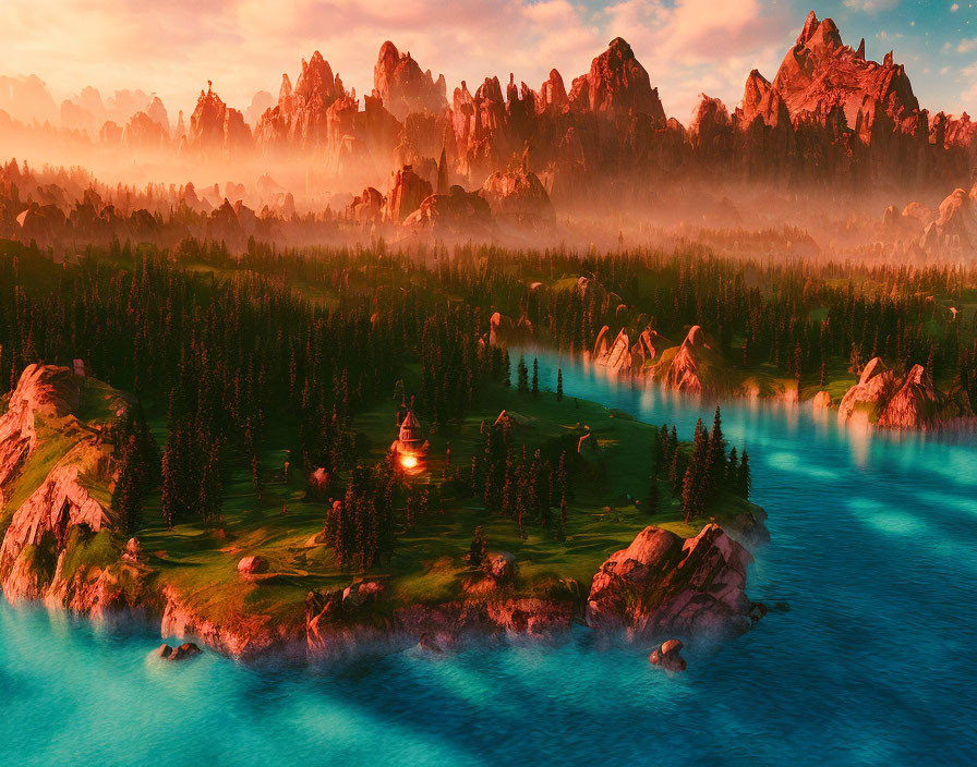 Fantasy landscape with glowing house on island, teal waters, misty forests, and rocky peaks.