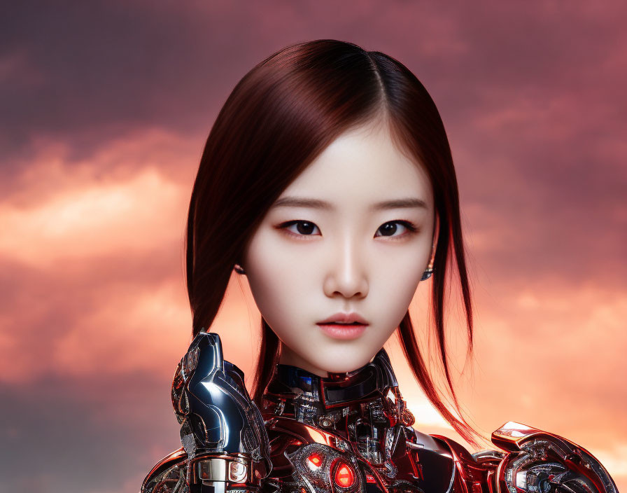 Futuristic armored woman with bold makeup in red sky