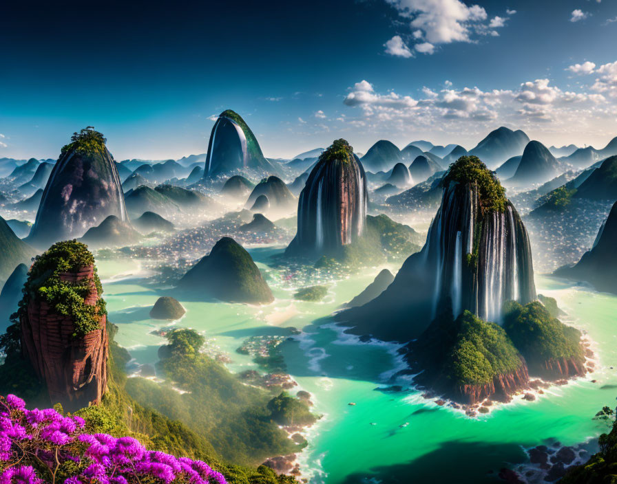 Majestic karst mountains, mist, waterfalls, river, and flowers.
