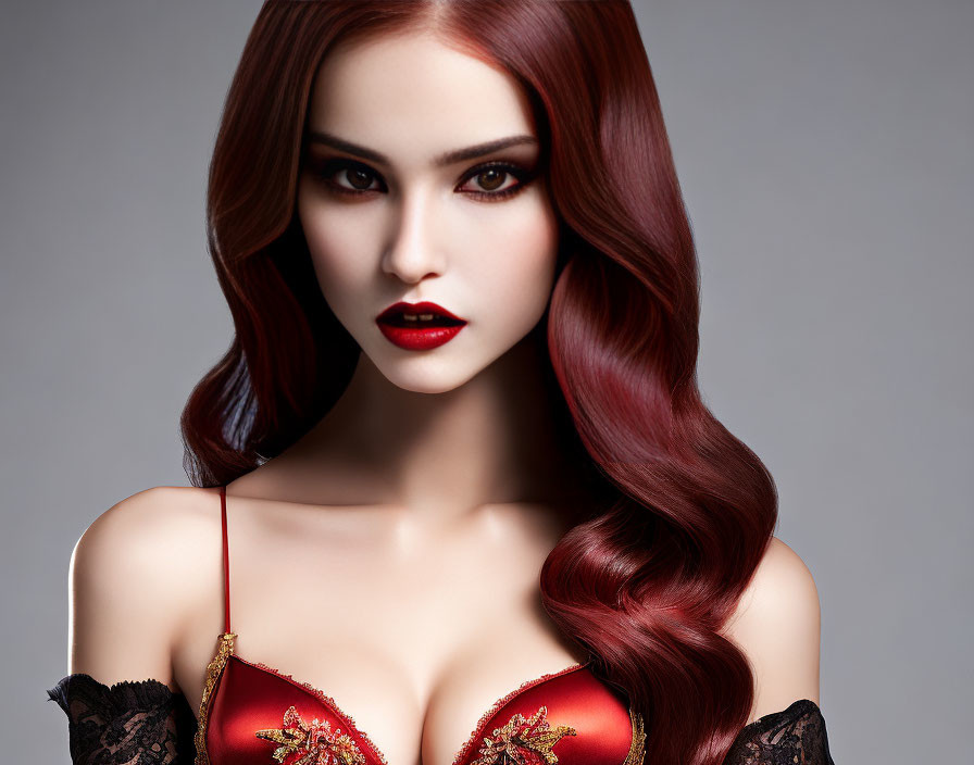 Woman with Auburn Hair and Red Lipstick in Red and Black Lace Garment against Grey Background