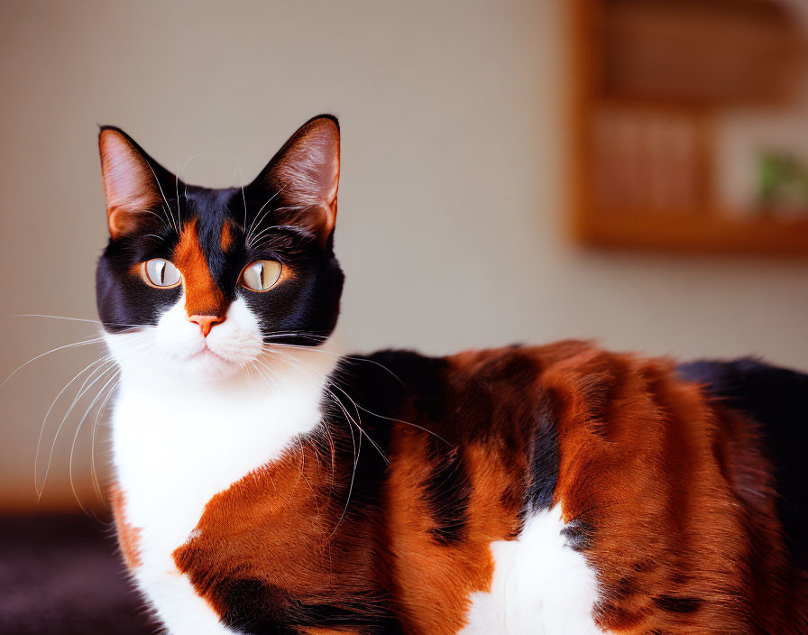 Black and Orange Calico Cat with White Chest and Paws in Warm Blurred Background