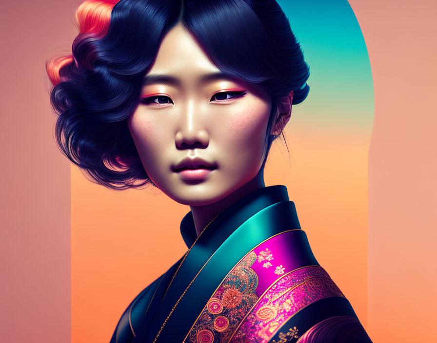 Asian woman digital artwork in traditional garment with vibrant colors
