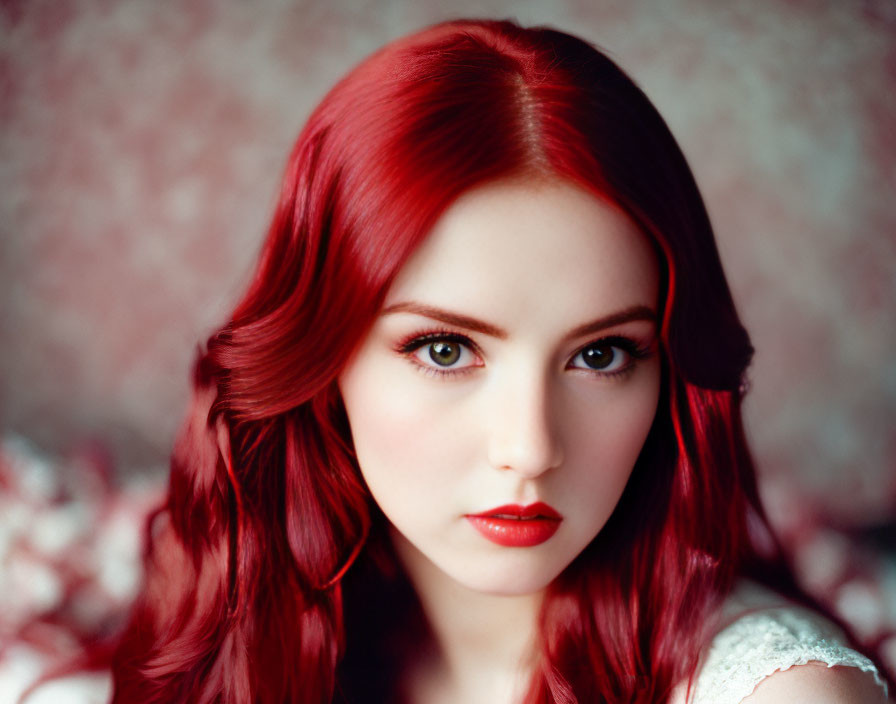Vibrant red-haired woman with hazel eyes in white lace top
