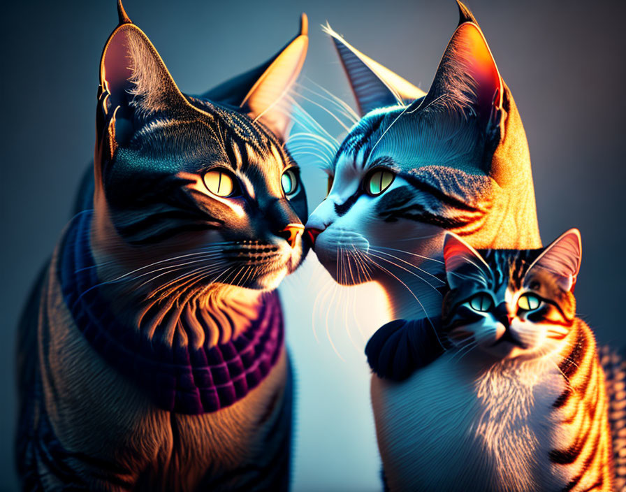Stylized digital art: Three striped cats with glowing eyes in warm backlight