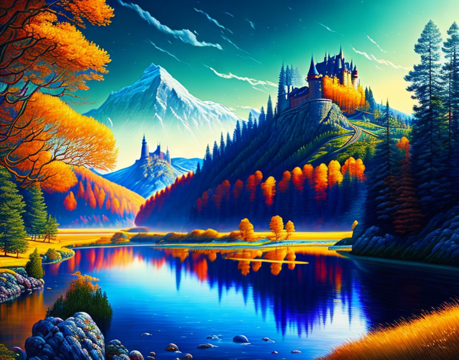 Fantasy landscape: castle on hill, autumn trees, river, snowy mountains